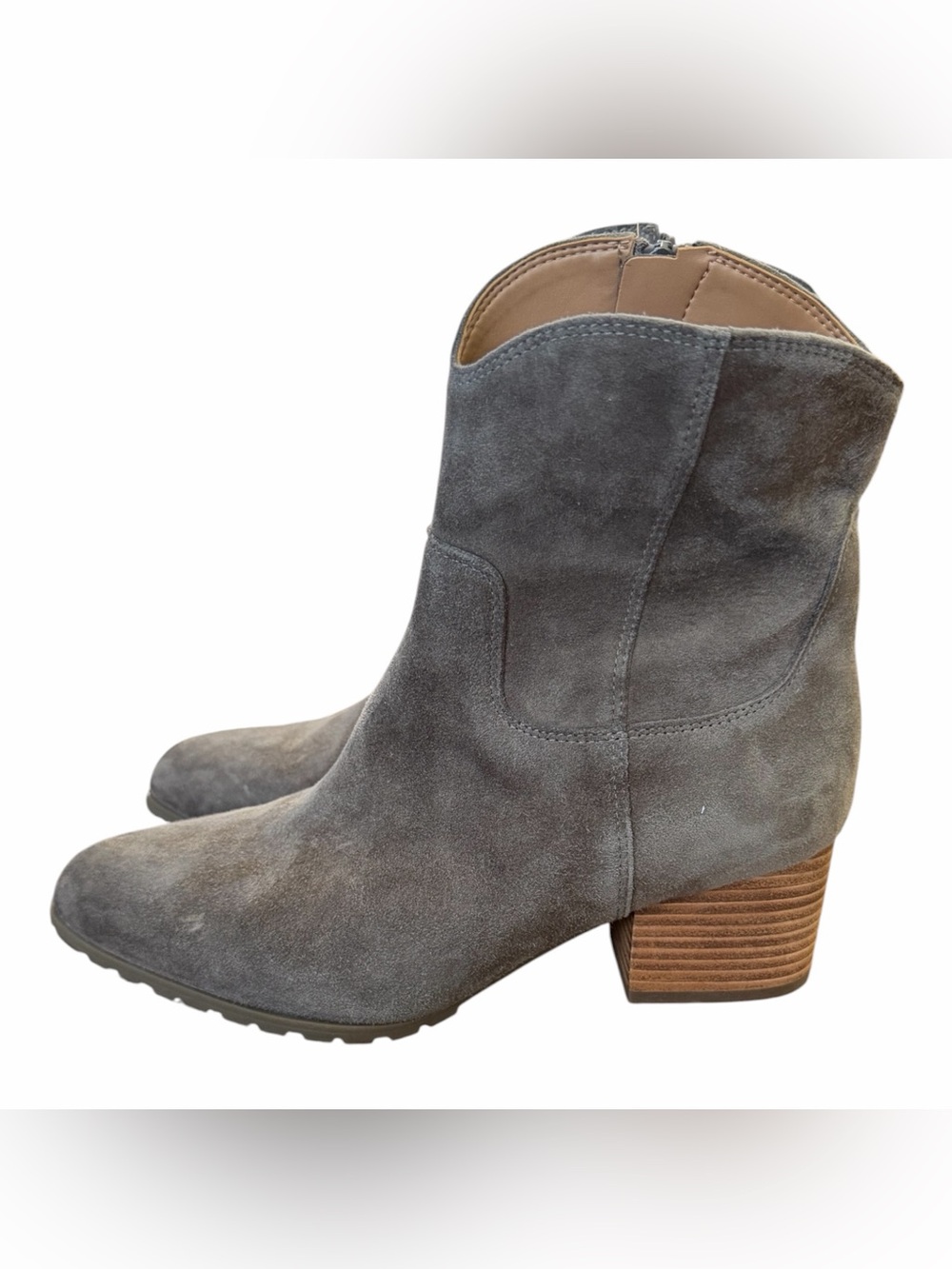 Vionic Gray Suede Stacked Heel Ankle Booties